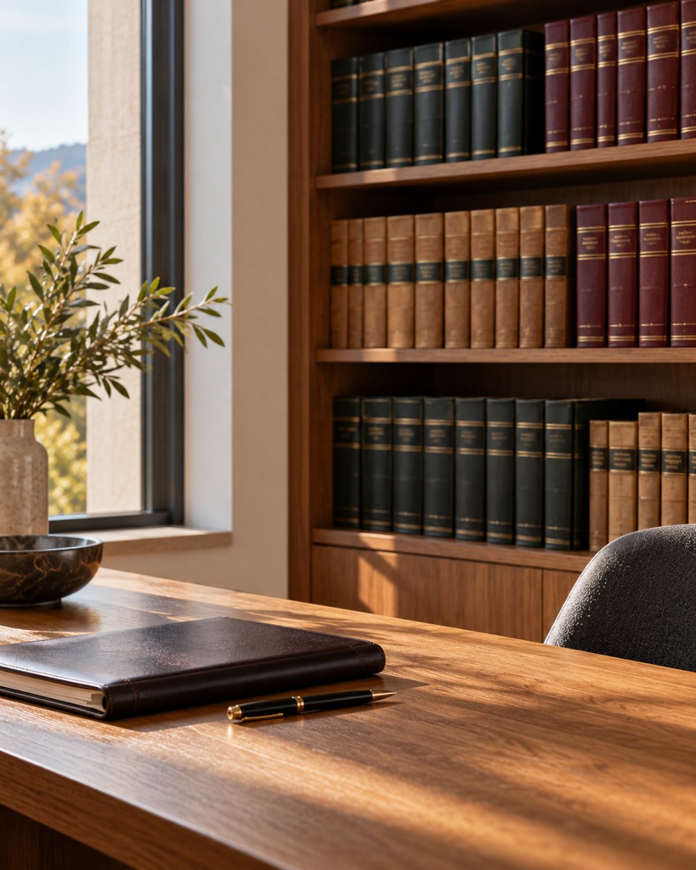 Bound law reports on an oak bookshelf beside a window